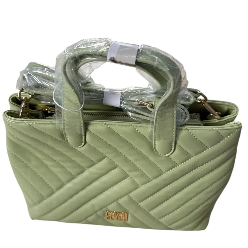 Cavalli Class Rosangella Quilted Satchel Light Green Eco-Leather Handbag‎ NWT